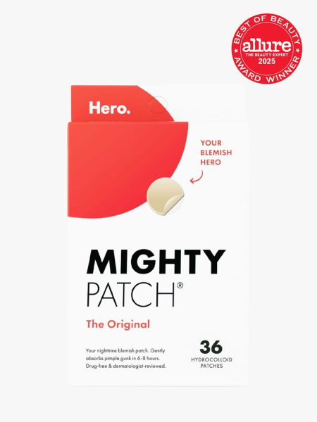 Mighty Patch Original in branded white and red box packaging on light gray background with red Allure Best of Beauty seal in the top right corner